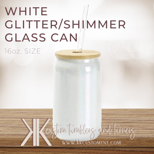 16oz White Glitter/Shimmer Glass Can w/Bamboo Lid SUBLIMATION